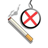 A lit cigarette emits smoke and a no smoking sign. This image conveys a clear anti-smoking message, making it suitable for health and awareness campaign materials. vector