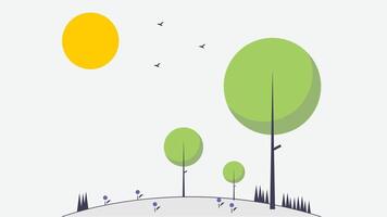 Round Trees in a garden with sun in background flat illustration vector