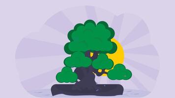 Japanese Style tree with sun in background flat illustration vector