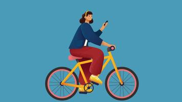 graphic person model chekcks her phone while riding bicycle in isolated backdrop background vector