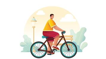 Man riding a bicycle in garden with bench and light pole in background vector