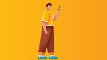 graphic person model hold his phone in isolated backdrop background vector