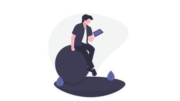 Person holding a tablet and reading from it vector