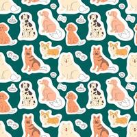 Seamless pattern with hand drawn stickers of different breeds of dogs vector