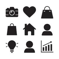 Set of user interface icon. Camera, heart, house, shopping bag, and graph. Ideal for representing diverse usage. illustration vector