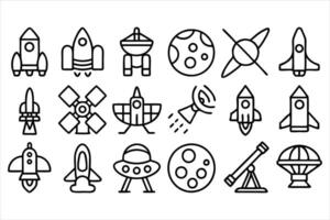 set of outline icons related to rocket linear vector