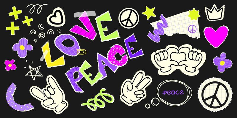 Colorful retro collage with torn paper elements, peace signs, hand gestures, stars, hearts, and playful text set on a dark background. Funky Abstract elements, stickers, icons, emblems Design.