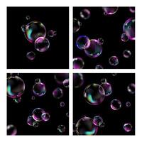Iridescent Soap Bubbles backgrounds set.Bright rainbow bubbles with colorful reflections floating on a black background.For creative banners and posters, presentations,websites or social media. vector