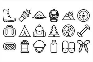set of outline icons related to hiking linear vector