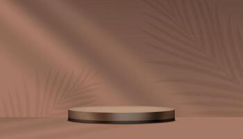 Brown Background,Empty Studio Room with Palm leaves Shadow on Podium Stage for Cosmetic Product Display,Dark Brown Wall Backdrop with Abstract Light Gradient on Floor for Summer Banner vector