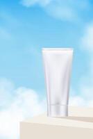 Sky Blue,Cloud Background with white cosmetic skincare tube on White Podium Platform Step and Bubbles, Minimal 3d Display for Summer Beauty Product Presentation Banner Design Nature Spring Sky vector