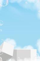 Sky blue, cloud background with white 3d podium platform step and bubble for summer product presentation banner, minimalist background display mockup with nature spring sky for cosmetic showcase vector