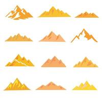 A set of twelve simple, stylized mountain silhouettes in various shapes and shades of orange and yellow. vector