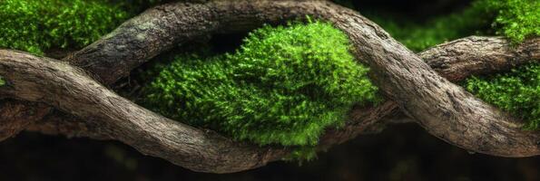 Close-up of intertwined tree branches with vibrant green moss texture and natural detail photo