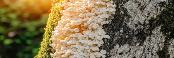 Cluster of white mushrooms growing on tree trunk with sunlight and green moss photo