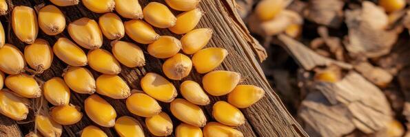 Close-up of yellow corn kernels on rustic wooden surface highlighting natural texture photo