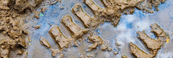 Muddy tire track imprint on wet terrain indicating recent vehicle passage photo