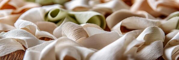 Close-up view of elegant soft fabric ribbons in light pastel colors photo
