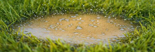 Rain droplets forming small puddle on fresh green grass close-up view photo