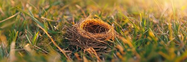 Empty bird nest on grass in natural outdoor setting during warm sunset photo