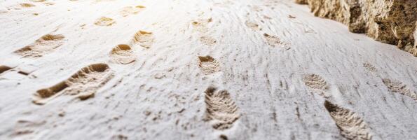Footprints on sandy beach leading to rocky cliff on a sunny day photo