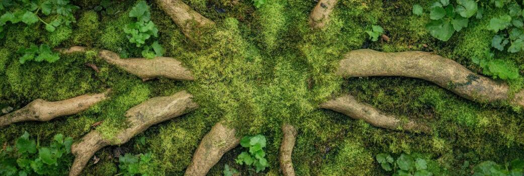 Aerial view of tree roots intertwined with moss in a lush forest environment photo