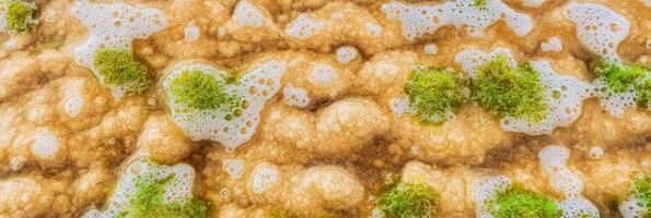 Close-up of algae and foam patterns in natural water surface abstract texture photo