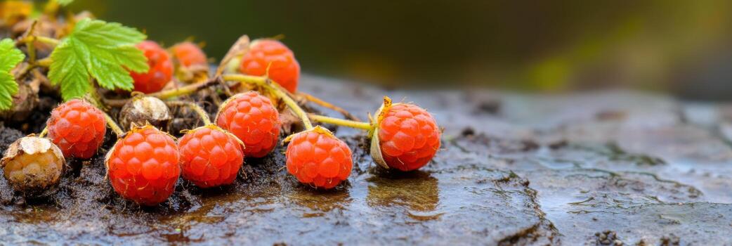 Vibrant red raspberries on wet stone surface in natural setting with green leaves photo