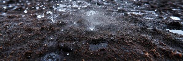 Close-up of raindrops splashing on soil capturing water interaction and texture photo