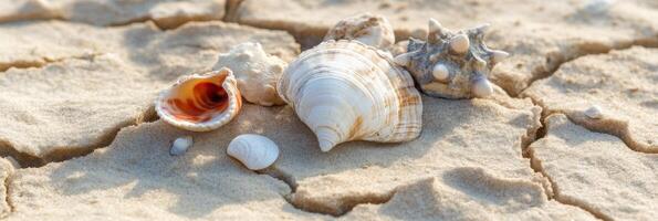 Assorted seashells resting on cracked sandy beach signifying natural beauty photo