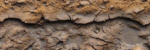 Cracked earth surface with dried mud and rich textured layer showing drought effects photo
