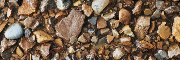 Various sizes and shapes of rocks and pebbles mixed in water surface photo