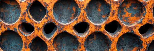 Close-up of weathered rusty metal surface with circular patterns and texture photo