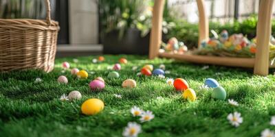 Colorful easter eggs scattered on lush green grass with blooming daisies photo