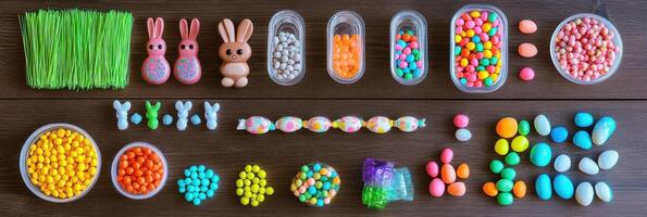 Assortment of colorful easter candy and decorative items on wooden surface photo