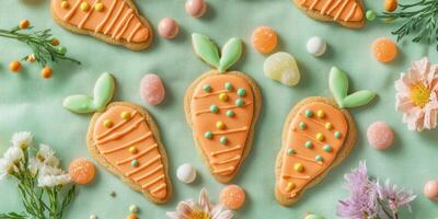 Festive carrot-shaped cookies with pastel icing surrounded by flowers and candies photo