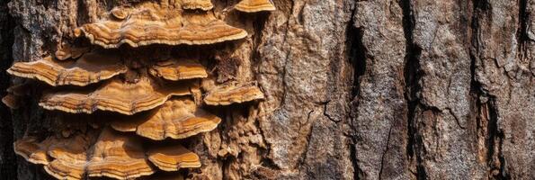 Close-up of shelf fungus lichens on tree bark in natural forest setting photo