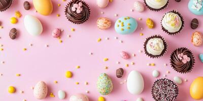 Festive easter eggs and cupcakes with colorful candy on pastel pink background photo