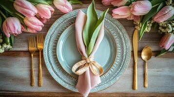 Elegant spring-themed table setting with pink tulips and gold cutlery for special event photo