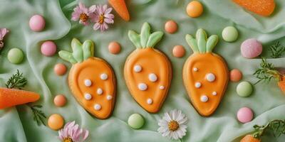 Bright orange carrot-shaped cookies decorated with white icing dots on green cloth photo