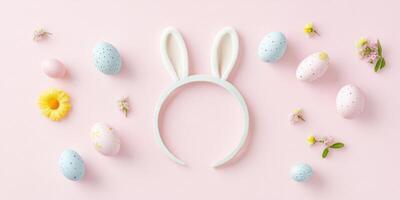 Spring easter bunny ear headband with colorful eggs and flowers on pastel pink background photo