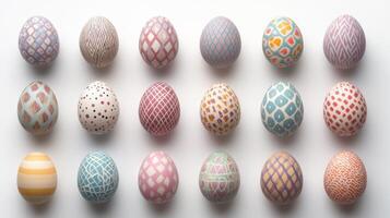 Collection of decorated easter eggs in various patterns and colors for holiday celebration photo