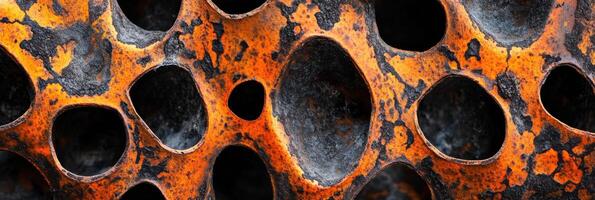 Rusted metal surface with irregular holes and oxidized texture pattern photo