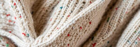 Closeup of cozy knitted wool fabric with multicolored dots texture photo