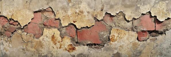 Weathered brick wall with peeling plaster and exposed red bricks photo