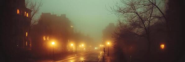 Moody urban street at night with lamp posts in dense foggy weather photo