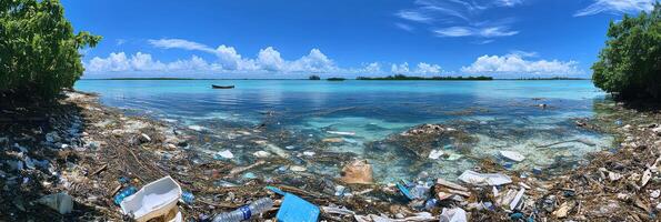 Coastal pollution with trash accumulating on shoreline and pristine blue sea beyond photo