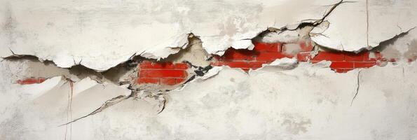 Cracked wall reveal with red brick layer exposed in urban setting photo