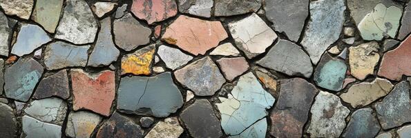 Colorful mosaic of irregular stone slabs creating a textured pattern background photo