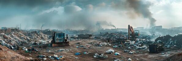 Expansive landfill with industrial machinery and air pollution in the distance photo